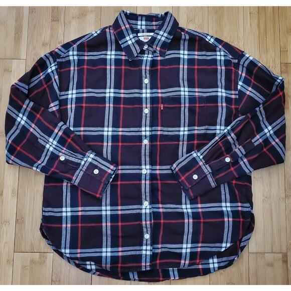 Levi's Flannel Shirt Relaxed Fit Red Check Tartan Plaid Womens Small Long Sleeve - Picture 1 of 12